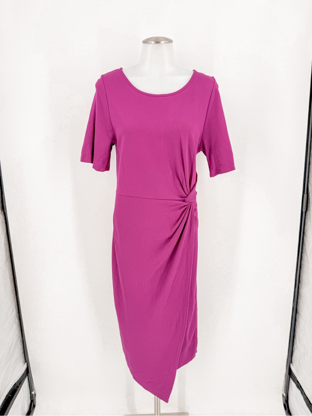 Fuchsia Pink Twist Knot Midi Dress Short Sleeve